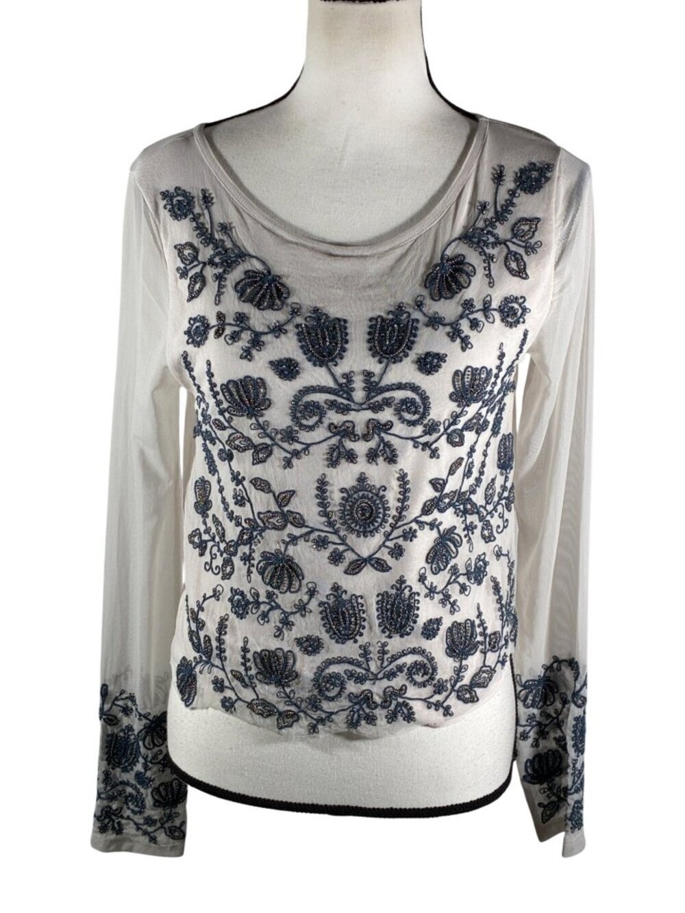 Sundance Sheer beaded Embroidered Long Sleeve top Small Floral Mesh western cowg